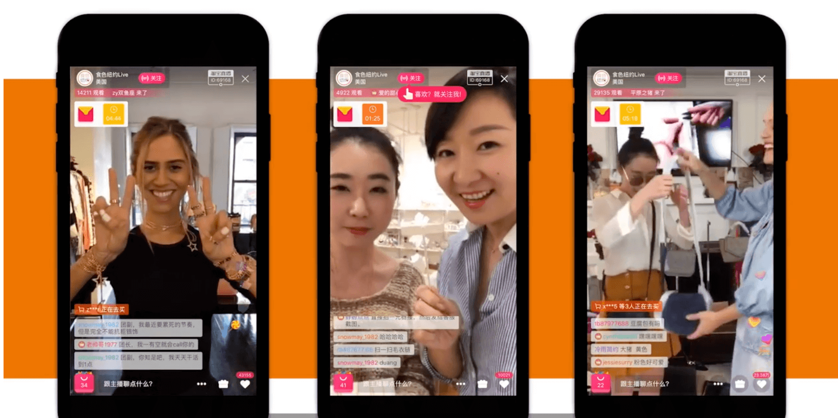 Drei Smarphones die Live shopping in China zeigen